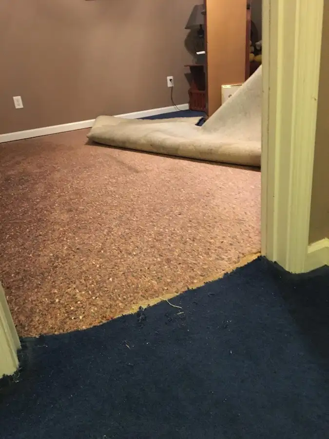 Carpet pad removal revealing water damage during Water Mitigation Services in Fair Oaks